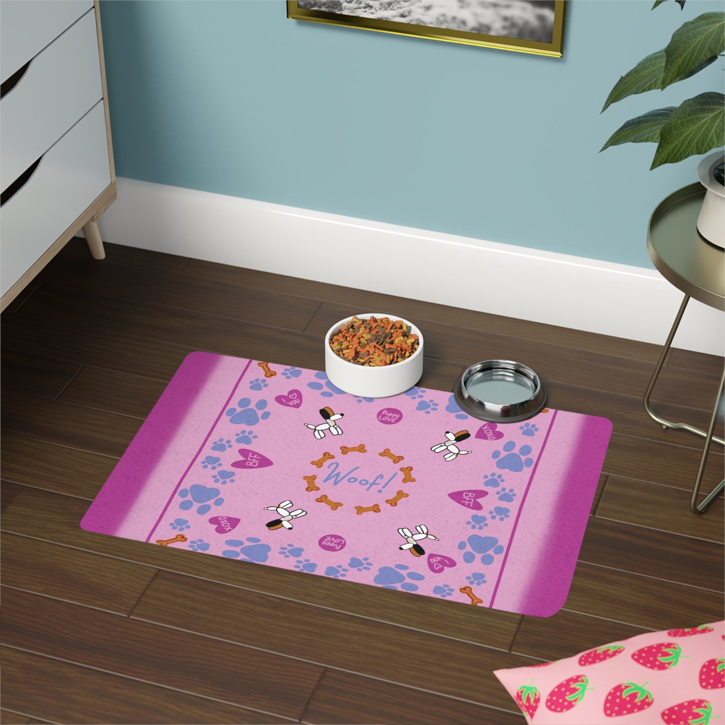 Pink 'Woof!' - Valentine Day Dog Food Mat (12x18)